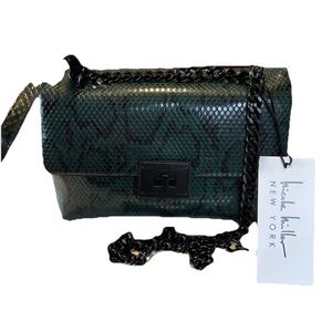 NWT Nicole Miller Green and Black Faux Snake Print Bag with Black Hardware